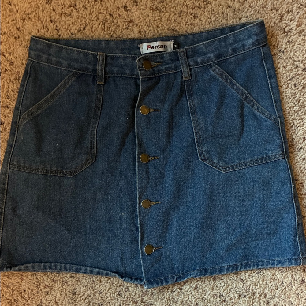 Dark Blue Denim Button-Front Skirt